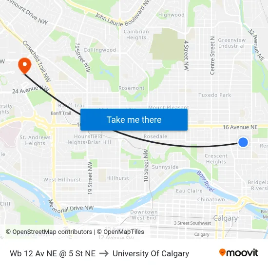 Wb 12 Av NE @ 5 St NE to University Of Calgary map