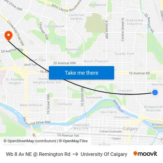 Wb 8 Av NE @ Remington Rd to University Of Calgary map