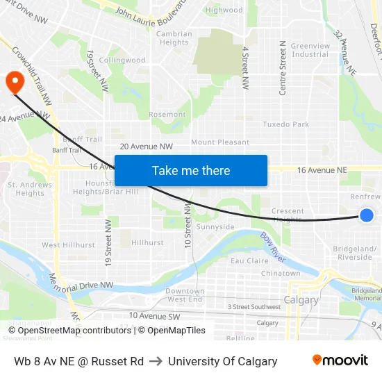 Wb 8 Av NE @ Russet Rd to University Of Calgary map
