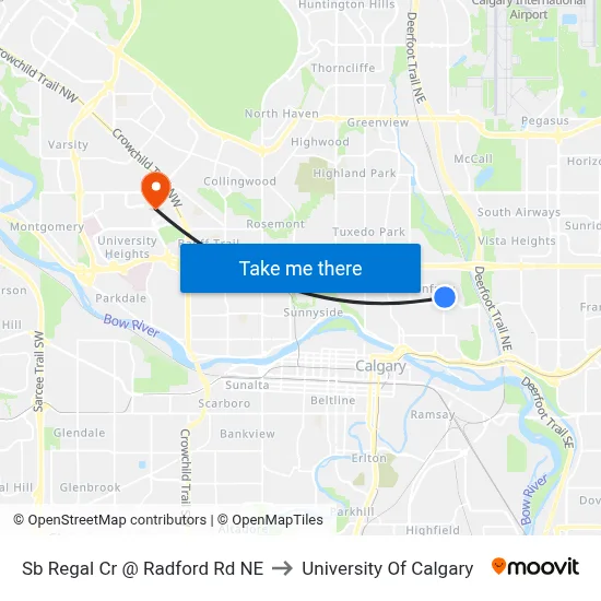 Sb Regal Cr @ Radford Rd NE to University Of Calgary map