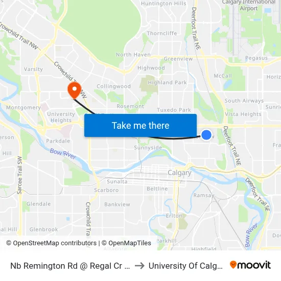 Nb Remington Rd @ Regal Cr NE to University Of Calgary map
