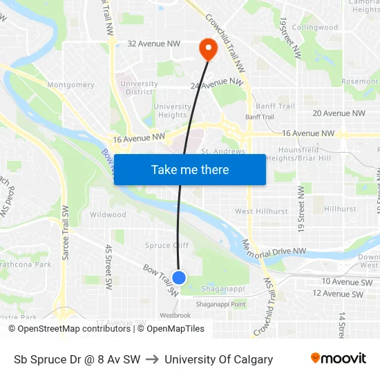 Sb Spruce Dr @ 8 Av SW to University Of Calgary map