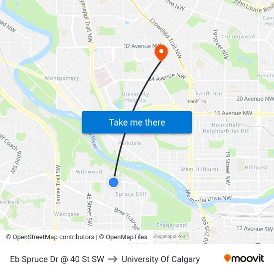 Eb Spruce Dr @ 40 St SW to University Of Calgary map