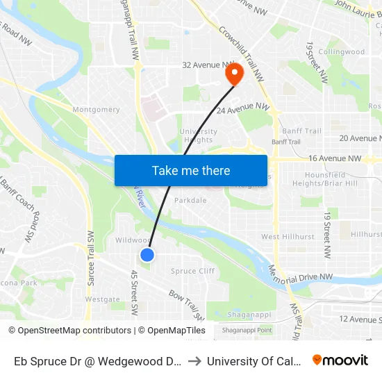 Eb Spruce Dr @ Wedgewood Dr SW to University Of Calgary map
