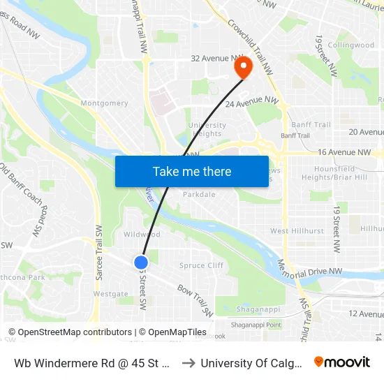 Wb Windermere Rd @ 45 St SW to University Of Calgary map
