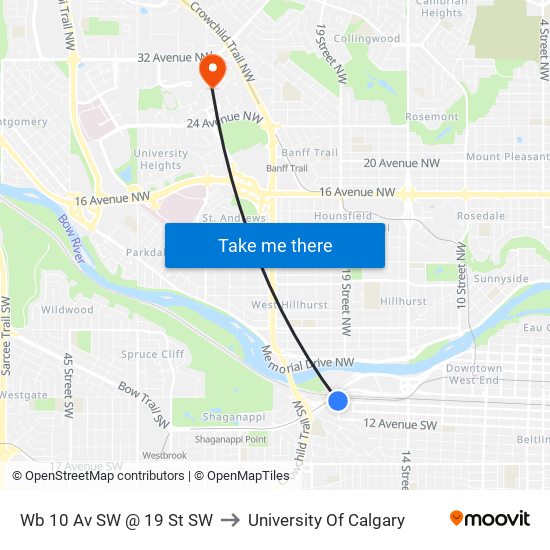 Wb 10 Av SW @ 19 St SW to University Of Calgary map