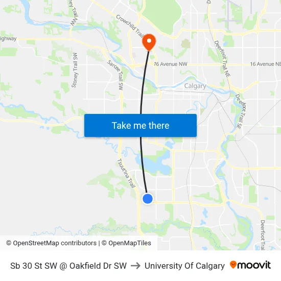 Sb 30 St SW @ Oakfield Dr SW to University Of Calgary map