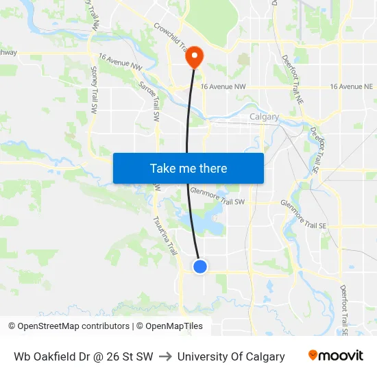 Wb Oakfield Dr @ 26 St SW to University Of Calgary map