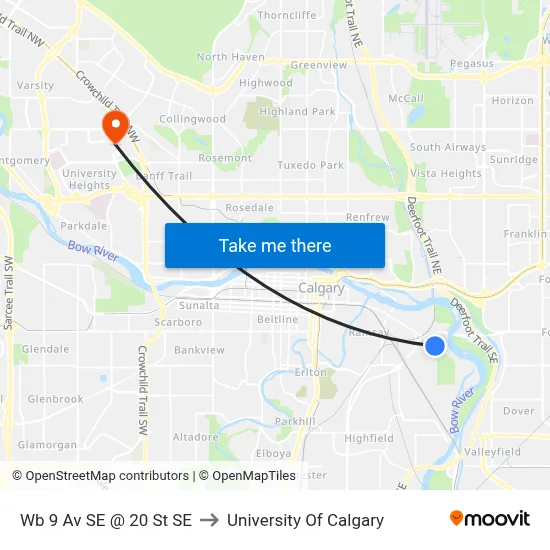 Wb 9 Av SE @ 20 St SE to University Of Calgary map