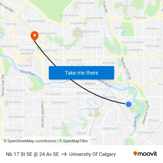 Nb 17 St SE @ 24 Av SE to University Of Calgary map