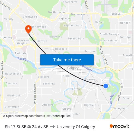 Sb 17 St SE @ 24 Av SE to University Of Calgary map