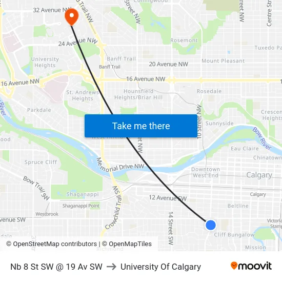 Nb 8 St SW @ 19 Av SW to University Of Calgary map