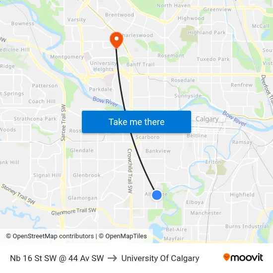Nb 16 St SW @ 44 Av SW to University Of Calgary map