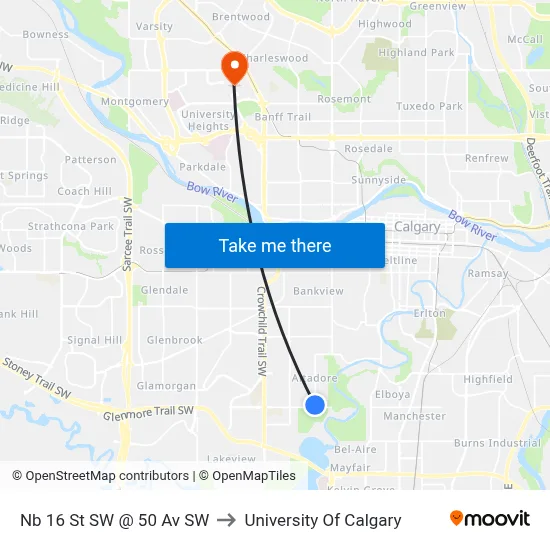 Nb 16 St SW @ 50 Av SW to University Of Calgary map