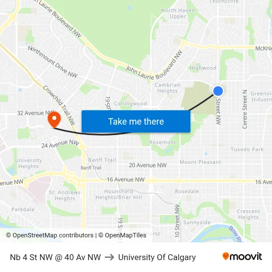 Nb 4 St NW @ 40 Av NW to University Of Calgary map