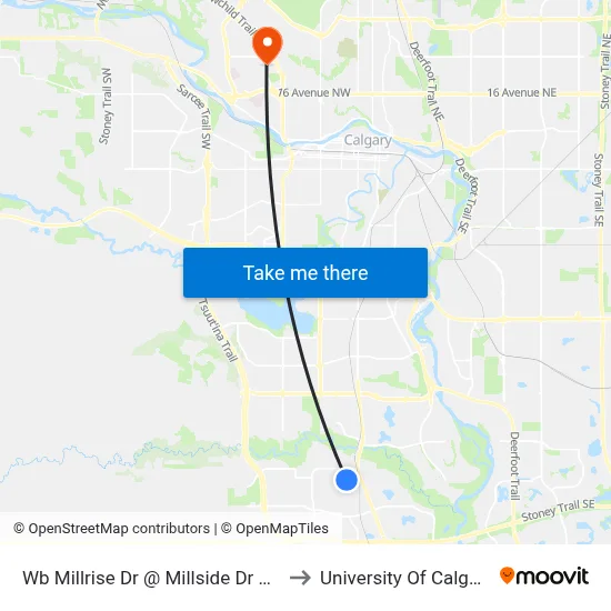 Wb Millrise Dr @ Millside Dr SW to University Of Calgary map