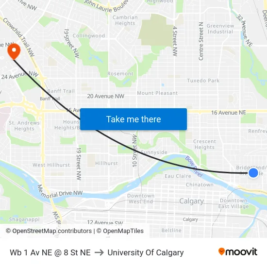 Wb 1 Av NE @ 8 St NE to University Of Calgary map