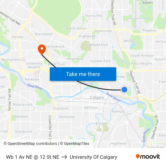 Wb 1 Av NE @ 12 St NE to University Of Calgary map