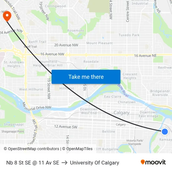 Nb 8 St SE @ 11 Av SE to University Of Calgary map