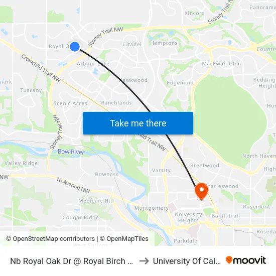 Nb Royal Oak Dr @ Royal Birch Rd NW to University Of Calgary map