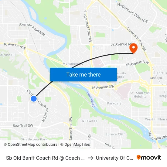Sb Old Banff Coach Rd @ Coach Hill Rd SW to University Of Calgary map