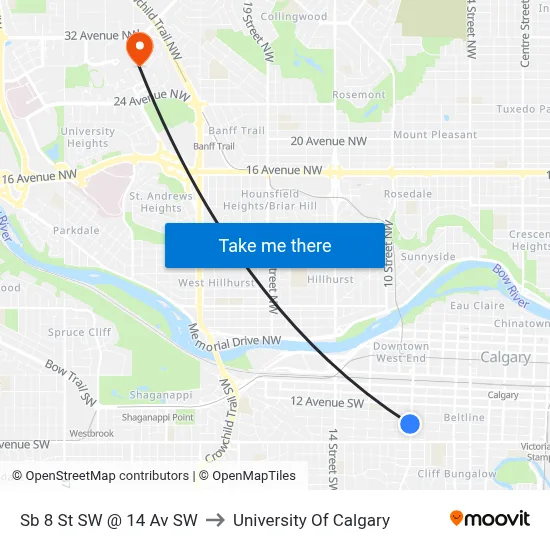 Sb 8 St SW @ 14 Av SW to University Of Calgary map