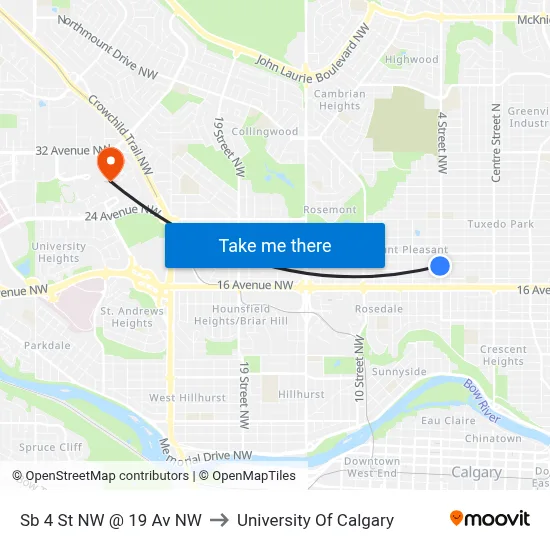 Sb 4 St NW @ 19 Av NW to University Of Calgary map