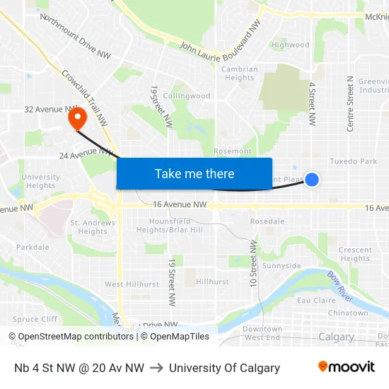 Nb 4 St NW @ 20 Av NW to University Of Calgary map