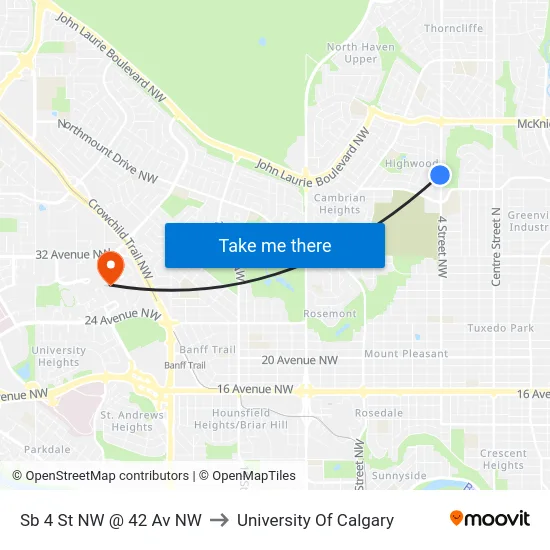 Sb 4 St NW @ 42 Av NW to University Of Calgary map