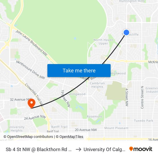 Sb 4 St NW @ Blackthorn Rd NW to University Of Calgary map