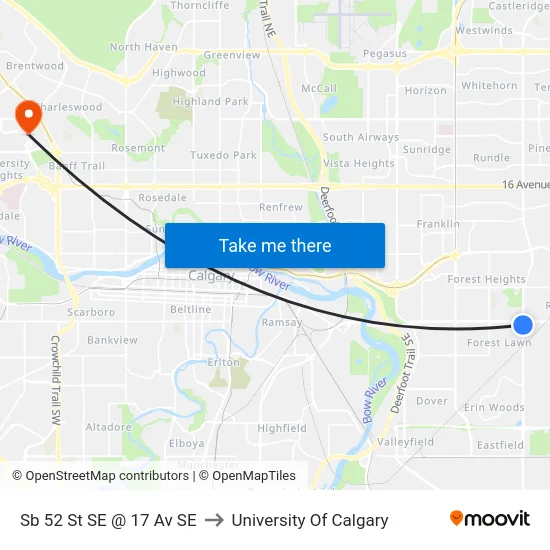 Sb 52 St SE @ 17 Av SE to University Of Calgary map