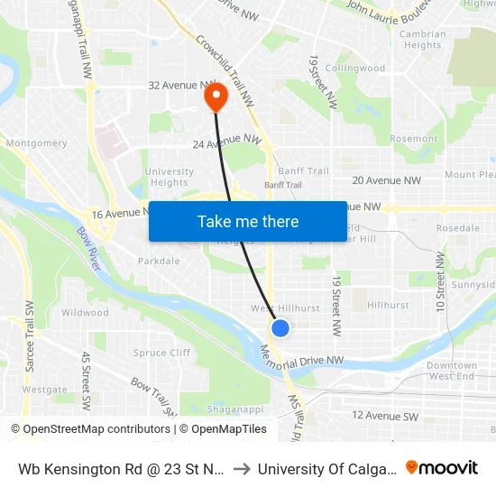 Wb Kensington Rd @ 23 St NW to University Of Calgary map