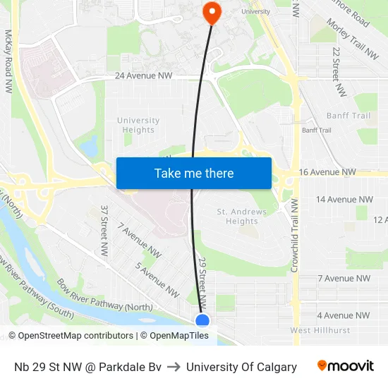 Nb 29 St NW @ Parkdale Bv to University Of Calgary map