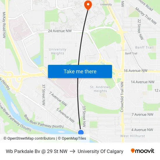 Wb Parkdale Bv @ 29 St NW to University Of Calgary map