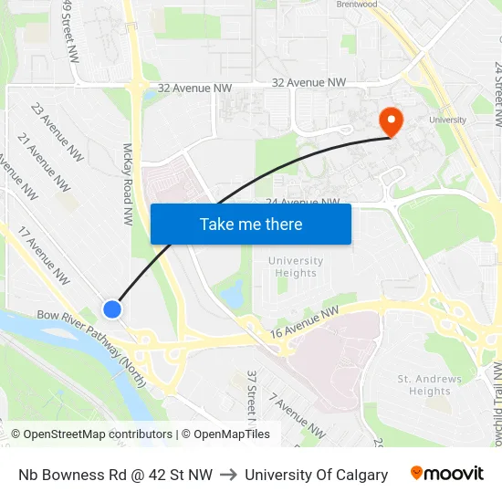 Nb Bowness Rd @ 42 St NW to University Of Calgary map