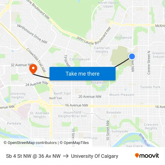 Sb 4 St NW @ 36 Av NW to University Of Calgary map