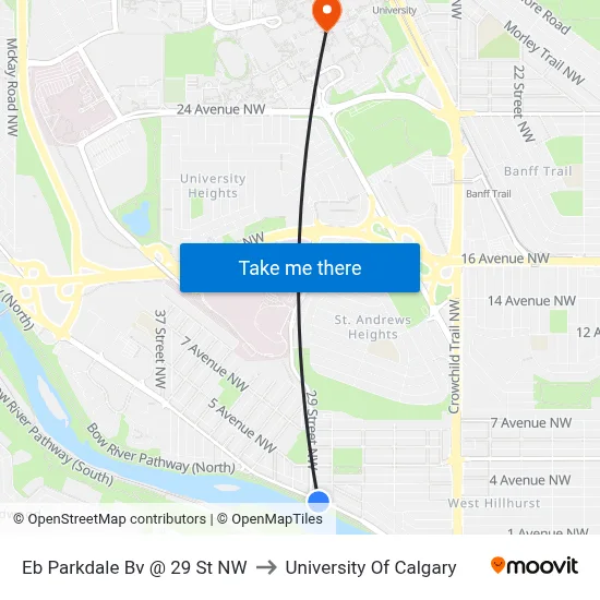 Eb Parkdale Bv @ 29 St NW to University Of Calgary map