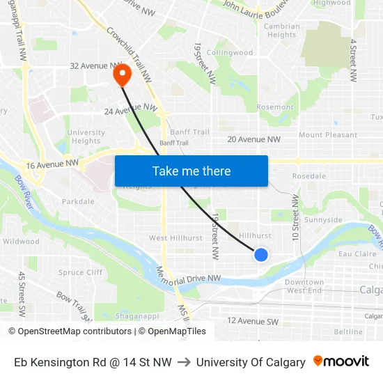 Eb Kensington Rd @ 14 St NW to University Of Calgary map
