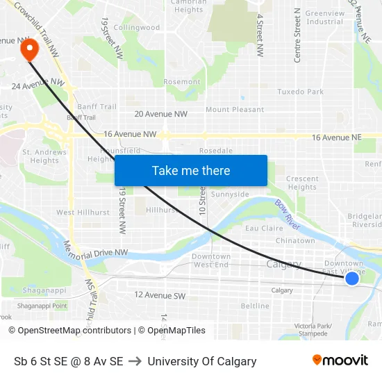 Sb 6 St SE @ 8 Av SE to University Of Calgary map