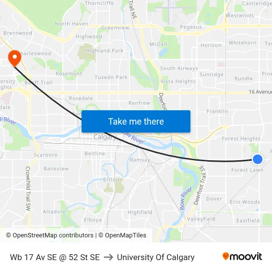 Wb 17 Av SE @ 52 St SE to University Of Calgary map