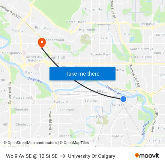 Wb 9 Av SE @ 12 St SE to University Of Calgary map