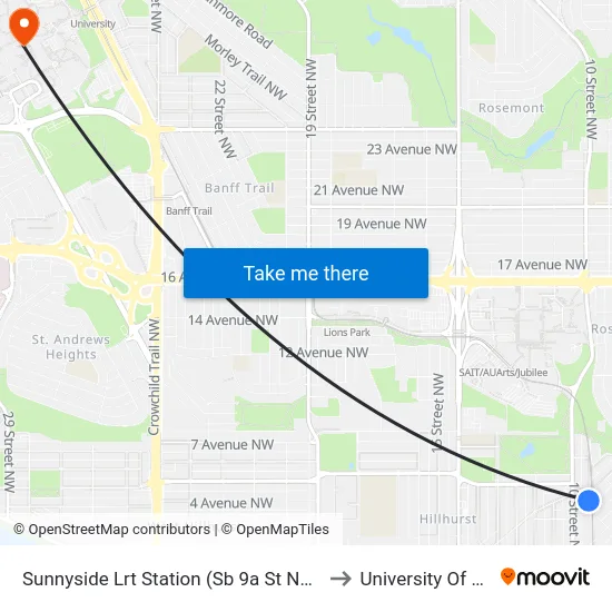 Sunnyside Lrt Station (Sb 9a St NW @ 4 Av Nw) to University Of Calgary map