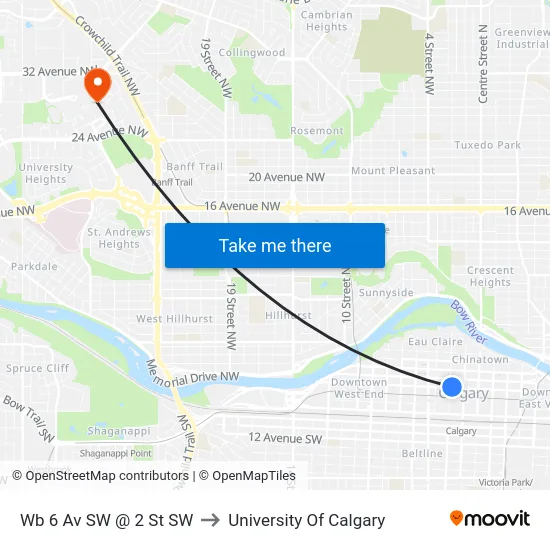 Wb 6 Av SW @ 2 St SW to University Of Calgary map