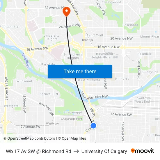 Wb 17 Av SW @ Richmond Rd to University Of Calgary map