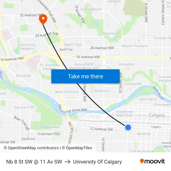 Nb 8 St SW @ 11 Av SW to University Of Calgary map
