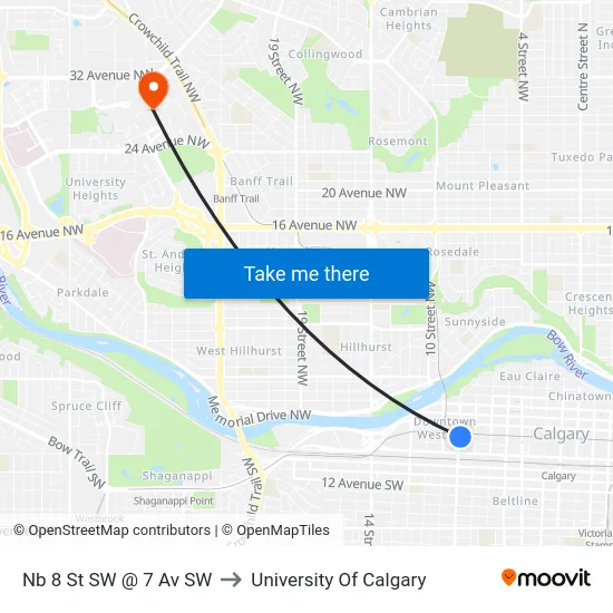 Nb 8 St SW @ 7 Av SW to University Of Calgary map