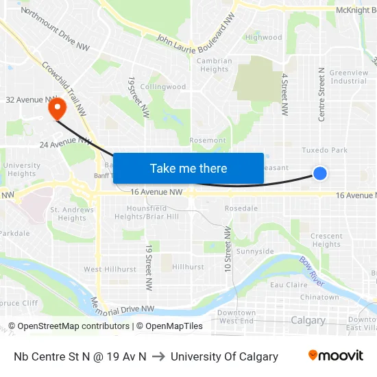 Nb Centre St N @ 19 Av N to University Of Calgary map