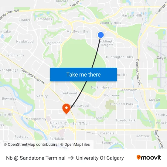 Nb @ Sandstone Terminal to University Of Calgary map