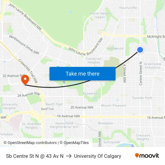 Sb Centre St N @ 43 Av N to University Of Calgary map