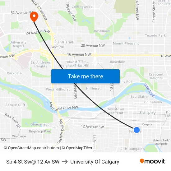 Sb 4 St Sw@ 12 Av SW to University Of Calgary map